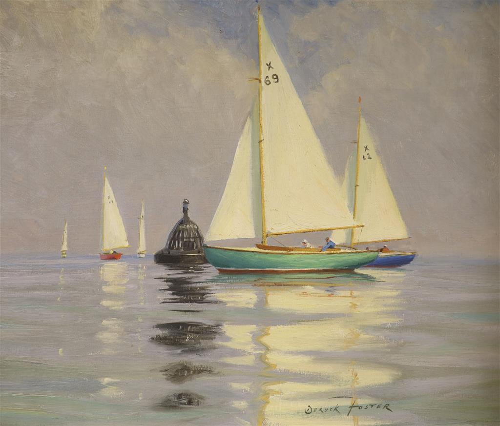 Deryck Foster (1924-2011), oil on board, Study of two XOD class racing yachts Julia and Helena, signed, 37 x 45cm